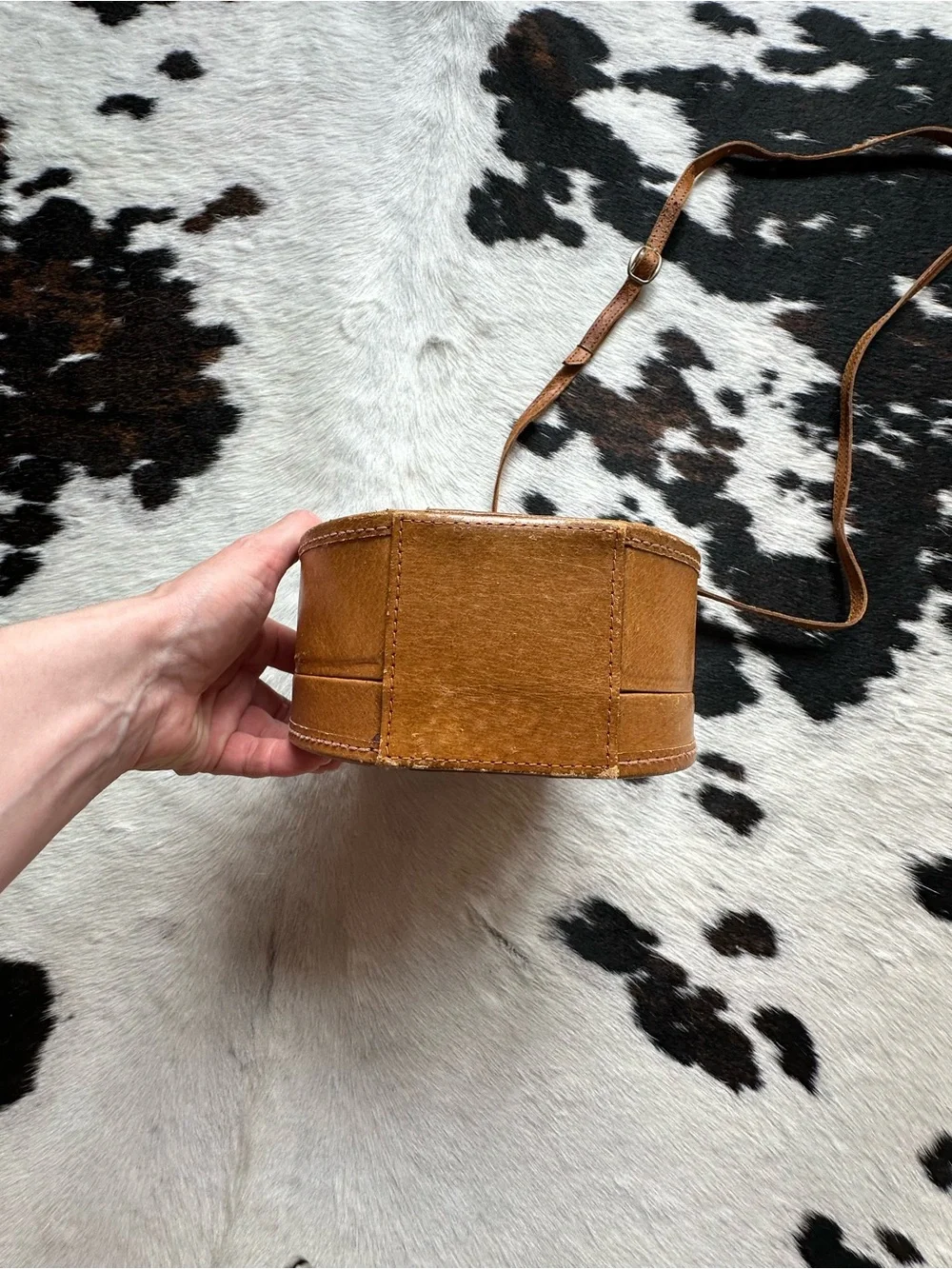 Vintage Leather Pillbox Crossbody Purse with Travel Stickers & Magnetic Closure